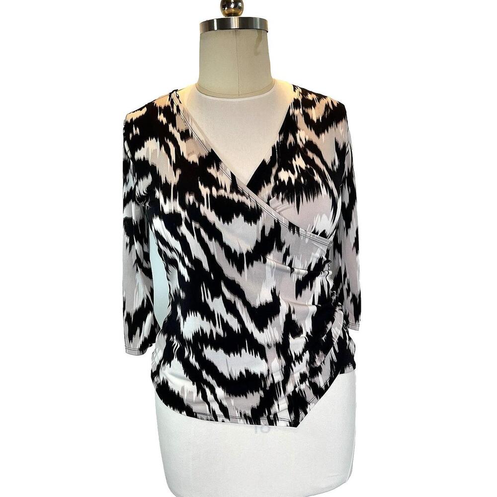 Jennifer Lopez Women's XL Blouse Abstract Animal Wrap Front V Neck Ruched